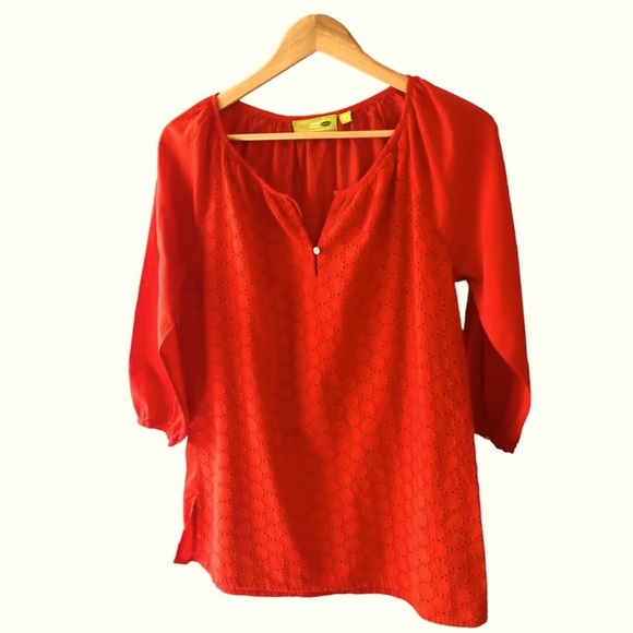 Rock Flower Paper blouse peasant style tomato red eyelet cotton boho size small - Picture 1 of 9